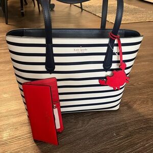 BRAND NEW wTAGS Kate Spade Navy and White Striped TOTE w/ RED WALLET /CC HOLDER